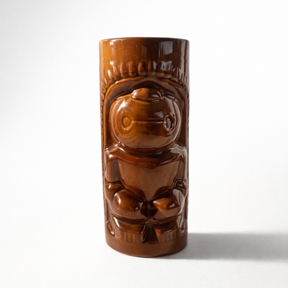 VINTAGE BROWN TROPICAL TIKI VIBES MUG GLASS‎ CERAMIC BARWARE TUMBLER